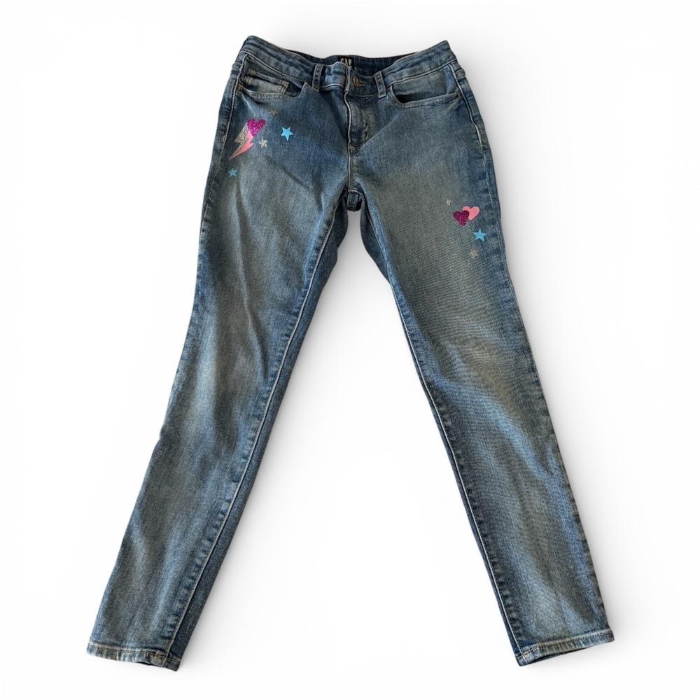 GAP Denim Girls Stretch High Rise Jeggings Size 10‎ Graphic Hearts Thunder Bolt